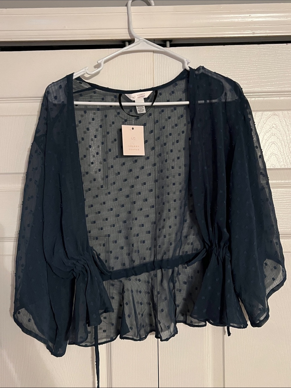 LC Lauren Conrad Navy Sheer Dot Tie-Front Blouse